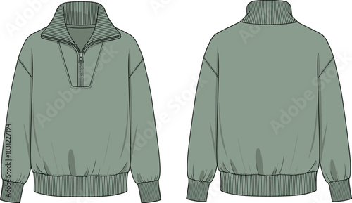 Half zip pullover sweatshirt technical flat sketch with ribbed collar cuffs and hem, casual fashion apparel template, cad drawing flat vector illustration