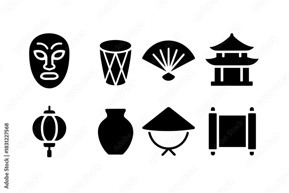 Naklejka premium Collection of Traditional Asian Cultural Icons on a Crisp White Background