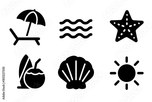 Beach Icons Featuring Umbrella Waves Starfish Coconut Shell Sunlight