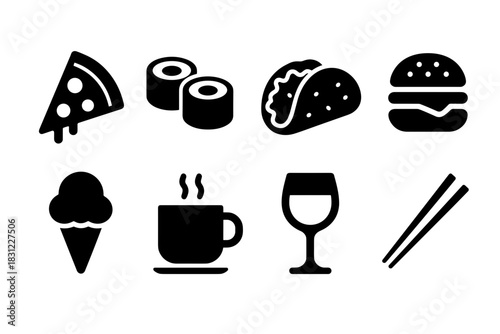 Variety of Iconic Food Items Including Pizza Sushi Tacos Burger Ice Cream and Beverages