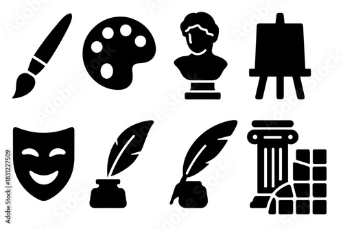 Artistic Elements Depicting Creativity Through Brush, Palette, Sculpture and Quill