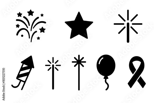 Assorted Celebration Icons Including Fireworks Stars Balloons and Sparklers on White Background