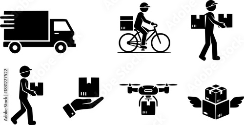 Different delivery silhouette icons set, simple design, vector stock illustration
