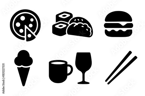 Collection of Black Silhouettes Featuring Various Food Items and Beverages