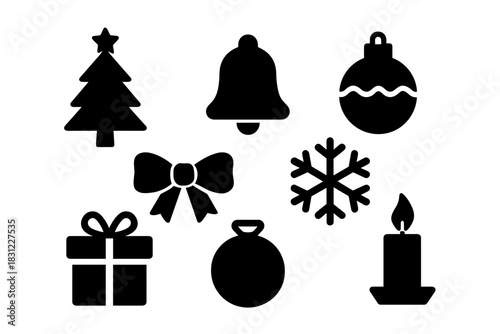 Collection of Festive Christmas Icons Including Tree, Bell, Ornament, and Snowflake