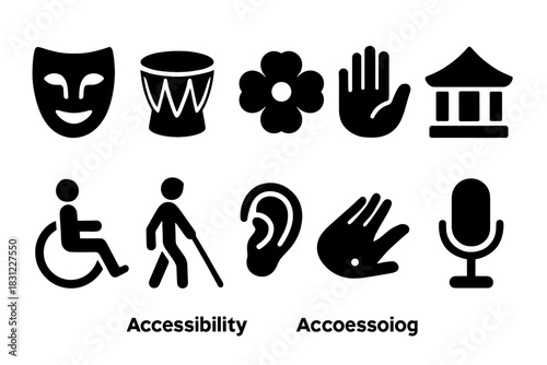 Collection of Icons Representing Cultural Activities and Accessibility Features