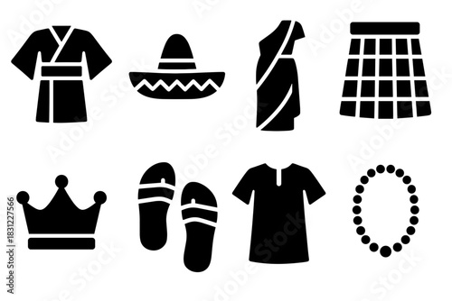 Collection of Traditional Cultural Outfits and Accessories Featuring Diverse Patterns and Styles