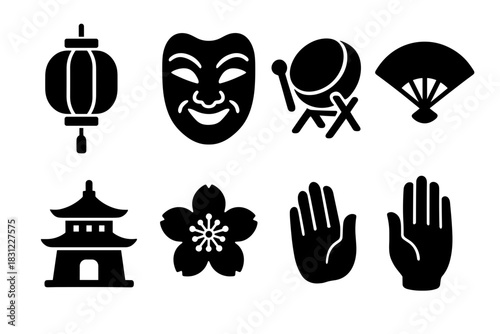 Collection of Traditional Asian Icons Including Lanterns, Masks, and Cherry Blossoms