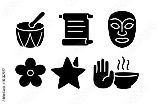 Collection of Various Simple Icons Including Drum Scroll Mask Flower Star Hand and Bowl