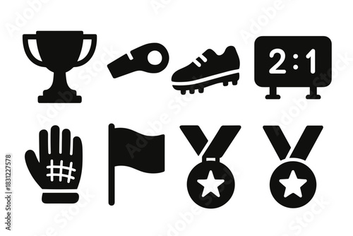 Collection of Sports Symbols Including Trophy Whistle Cleats Medals and Scoreboard