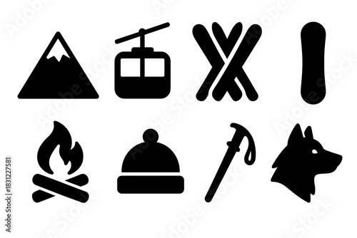 Collection of Winter Sports and Outdoor Adventure Icons in Black Silhouette Style