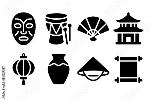 Cultural Icons Representing Asian Heritage Featuring Mask Drum Fan Pavilion Lantern Vase Hat Scroll