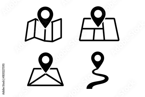 Four Vector Icons Representing Location Markers on Maps and Navigation Elements