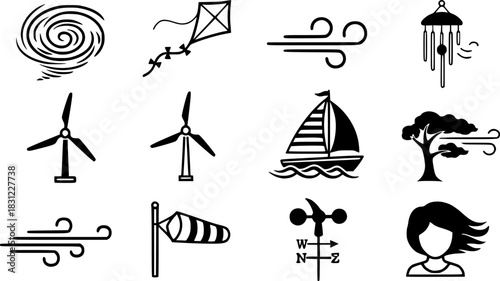 Wind different icons set. Simple design. Vector stock illustration.

