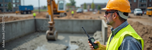 Construction worker supervises building site using walkie talkie communication device. Construction worker in hard hat and safety vest uses communication device to coordinate work activities,