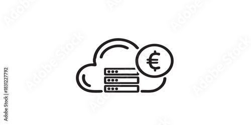 Cloud hosting with currency badge thin line icon, data hoarding concept. Vector graphics. Paid storage of drives, array sign on white background, style icon mobile or web design