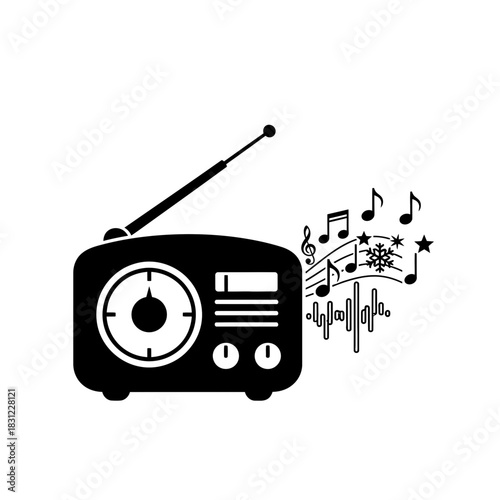 Vintage radio playing music with sound waves and notes  