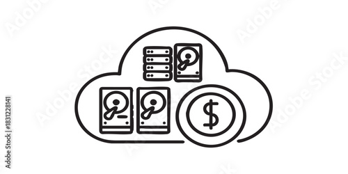 Cloud hosting with currency badge thin line icon, data hoarding concept. Vector graphics. Paid storage of drives, array sign on white background, style icon mobile or web design