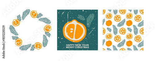 Images features a festive New Year's design with Oranges and Mandarin Slices, spruce Branches, Candy Canes. Festive, winter designs, holiday cards. Christmas Seamless pattern, round frame, card. 