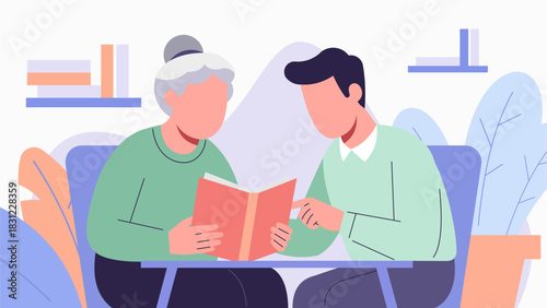 Pastel Flat Illustration of a Senior Learning to Read with Instructor Assistance