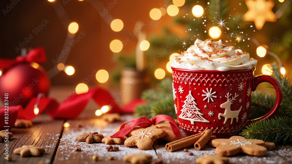 Obraz premium Festive red Christmas mug with whipped cream and cinnamon beside gingerbread cookies on wooden table, cozy holiday scene with bokeh lights and Christmas decorations, warm and inviting mood