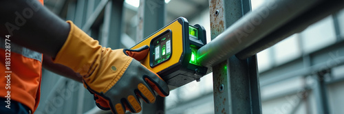 Green laser level tool in worker's hands making measurements on metal construction, handheld device. Green laser level tool ensures accuracy in construction and installation.