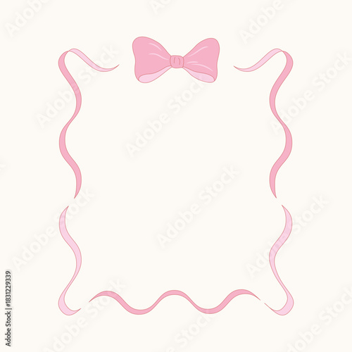 Pink ribbon frame with a cute bow. Soft pastel decorative border for cards, invitations, packaging, and feminine designs.