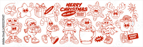 Retro Christmas Mascot Character Set. Monochrome 70s cartoon holiday illustrations with candy cane, star, snowflake, bell, cookie, cocoa mug, reindeer, gift and tree
