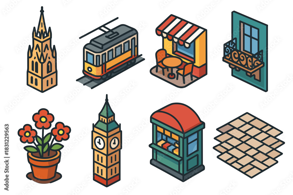 Fototapeta premium Isometric Illustration of Iconic City Landmarks and Structures in Vibrant Colors