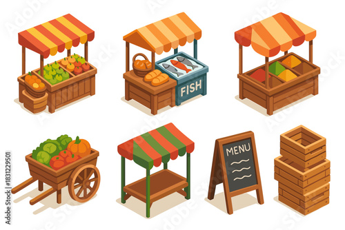 Colorful Market Stalls Featuring Fresh Produce and Fish in a Vibrant Outdoor Setting