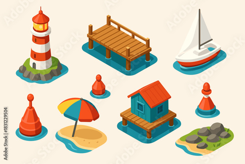Colorful Nautical Elements Including A Lighthouse, Pier, Sailboat, And Beach Umbrella