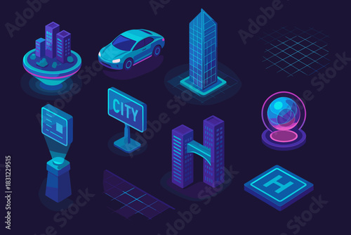 Futuristic Cityscape Elements and Digital Features with Neon Colors and Geometric Shapes