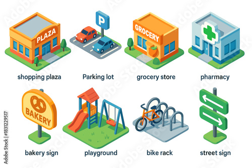 Colorful Urban Environment Featuring Shopping Center Parking Lot Grocery Store Bakery Playground Pharmacy Bicycle Rack