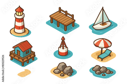 Isometric Beach Scene with Lighthouse Sailboat Pier Umbrella and Rocks