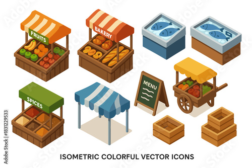 Isometric Colorful Marketplace Stalls with Fresh Produce and Seafood in Vibrant Setting