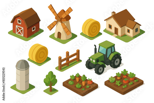 Isometric Farm Elements Including Barn Tractor Windmill Hay Bales Field Vegetables and Fencing