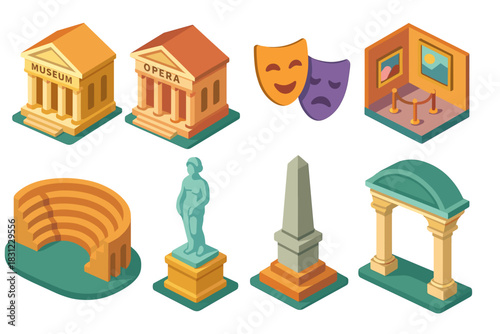 Isometric Icons of Cultural Landmarks and Art Elements Including Statues and Theaters