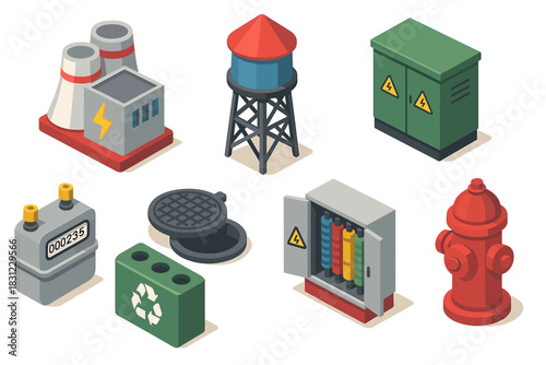 Isometric Illustration of Industrial Components Including Power Plant Cooling Towers and Fire Hydrant