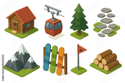 Isometric Mountain Lodge and Ski Equipment Including Gondola Trees and Stones