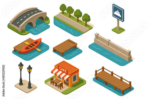 Isometric Representation of City Waterfront with Bridge Boat Dock Cafe and Trees