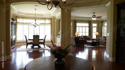 Interior view of elegant home living and dining areas with natural light and ornate decor