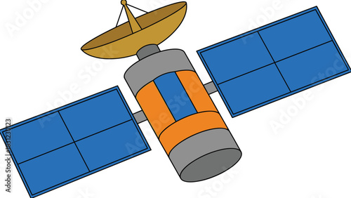 Orbiting Space Satellite Communication Technology Cartoon, Telecommunication System with Solar Panels and Dish Antenna, Global Internet Connection Vector
