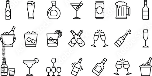 Alcohol drink line art icon set featuring beer, wine, cocktails, champagne, bottle illustrations and bar beverages, cad drawing flat vector illustration