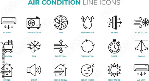 Air conditioning and climate control line icon set featuring cooling, heating, ventilation, airflow, filters, timers, home comfort, cad drawing flat vector illustration