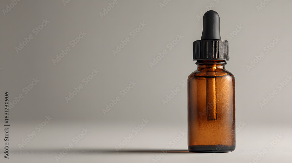 Fototapeta premium Minimal studio shot of amber dropper bottle on white, elegant packaging for beauty serums and natural oils