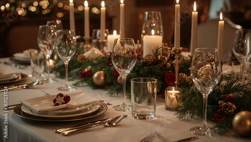 Elegant Christmas dinner table setting with candles and ornaments