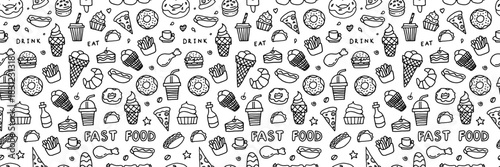Seamless fast food doodle background with hamburgers, sandwiches and snacks. Vector pattern perfect for restaurant menus, delivery services and food packaging. Black and white illustration