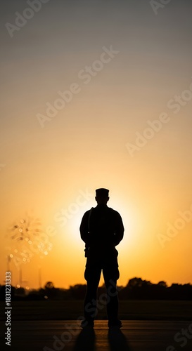 Silhouette of a soldier or military personnel standing at attention against a brilliant orange sunset or sunrise background, with fireworks bokeh visible.