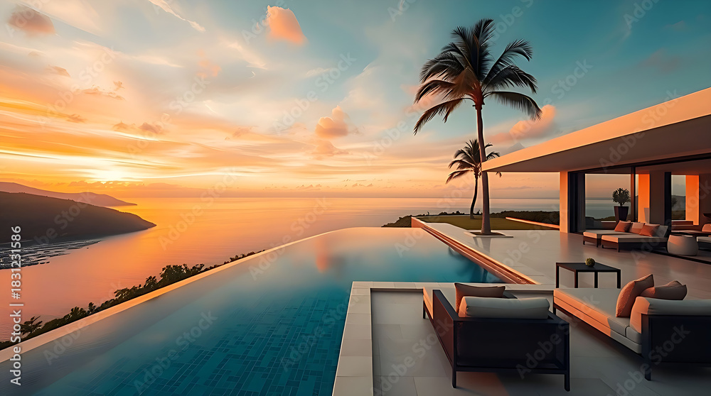 Fototapeta premium Luxury Tropical Villa at Sunset with Pool