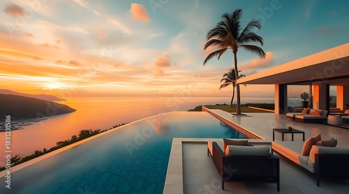 Luxury Tropical Villa at Sunset with Pool
